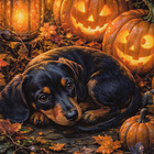 Halloween mäyräkoira ja valaistut kurpitsat - pikkukuva 1