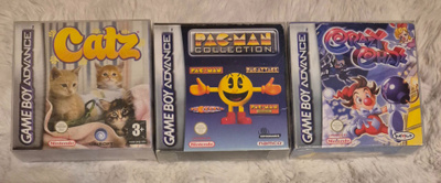 3kpl GBA peliä: Catz (NIB), Crazy Chase, Pacman Collection