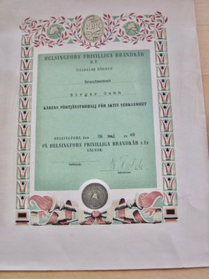 VANHA Luovari Palokunta VPK FBK Ansiomitali 1949 Ruotsinkiel