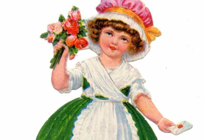 WANHA / Vihreämekkoinen tyttö, röyhelömyssy, ruusut. 1900-l.