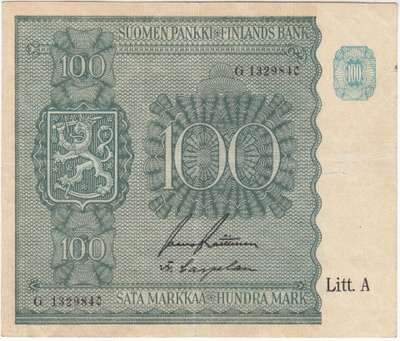 100 Markkaa 1945 Litt.A G-sarjaa, kl.4