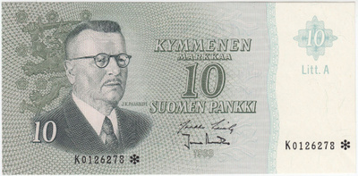 10 Markkaa 1963 Litt.A K-sarjaa tähdellä, kl.9