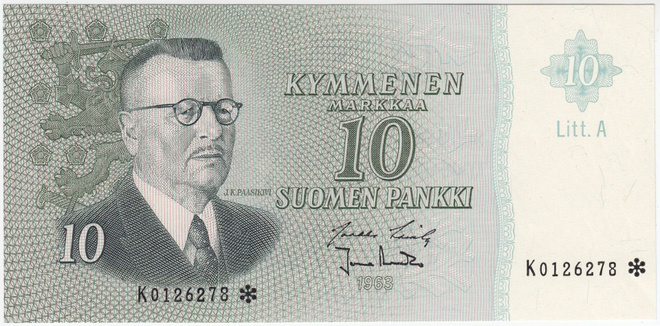 10 Markkaa 1963 Litt.A K-sarjaa tähdellä, kl.9