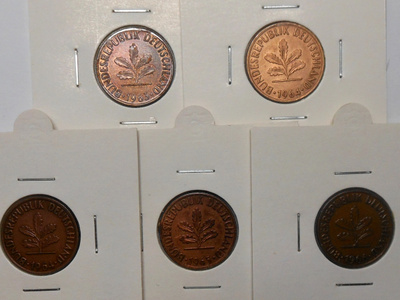 Saksa. 2 pfennig 1963J, 1964D, 1964F, 1965D, 1966J.