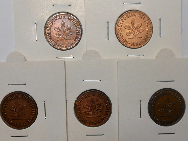 Saksa. 2 pfennig 1963J, 1964D, 1964F, 1965D, 1966J.