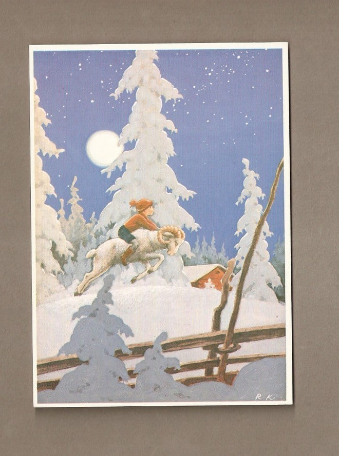 Rudolf Koivu: Poika ratsastaa pässillä, kuutamo.  Ei kulk.