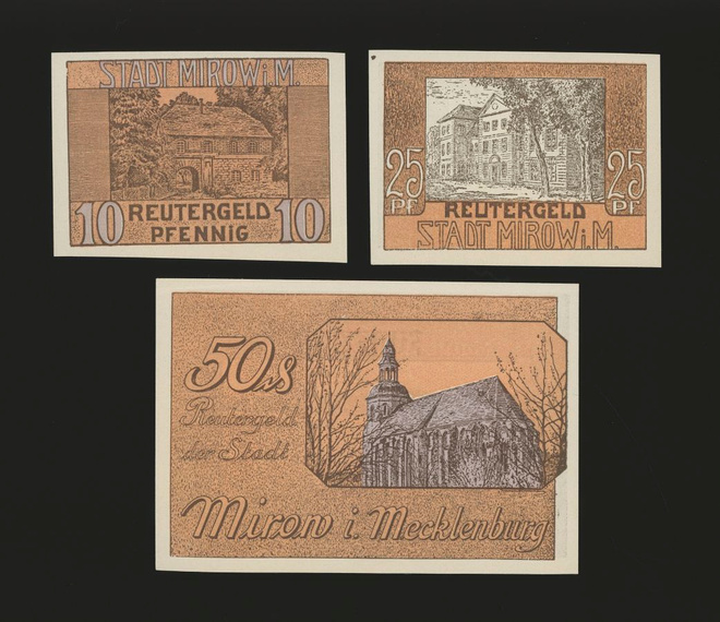 Saksa Notgeld 10, 25, 50 Pfg, Mirow 1922