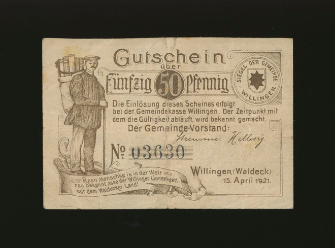 Saksa Notgeld 50 Pfennig, Willingen 15.4.1921 VF