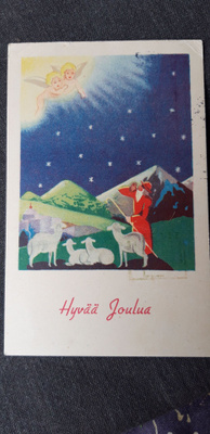 Vanha joulukortti, paimen ja enkelit, TUB joulumerkki v 1938