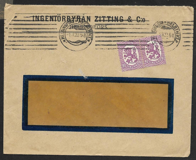 Postilä. - Saarinen 0,40mk (LAPE 2x72A) Helsinki 1.9.1920
