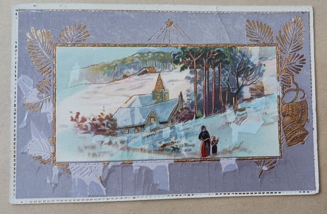 Äiti ja lapsi palaamassa joulukirkosta, kehyskortti, p. 1911