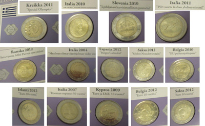 2€ UNC rahoja 14x: GRE/ITA/SVN/GER/ESP/BEL/FRA/IRL/CYP