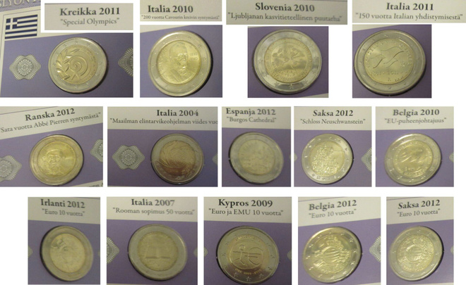 2€ UNC juhlarahoja 14x: GRE/ITA/SVN/GER/ESP/BEL/FRA/IRL/CYP