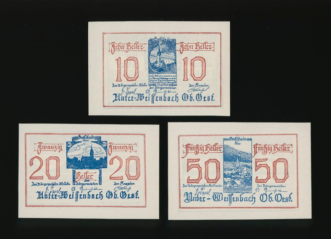 Itävalta Notgeld 10, 20, 50 Heller, Unter-Weissenbach
