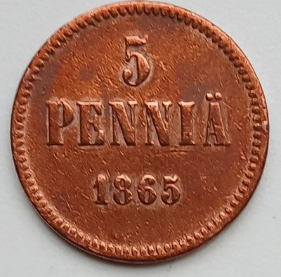 Aleksanteri II, kupari 5 penniä vuodelta 1865.