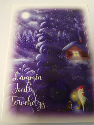 Tonttu ja kissa,joulu kortti,kulkematon.