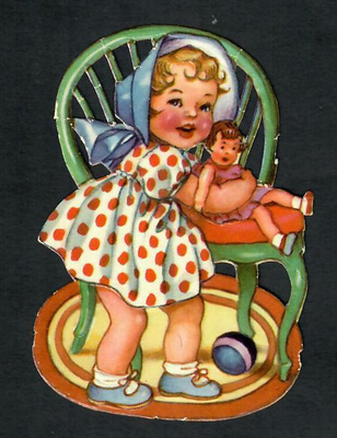 PZB 1284 - Pieni tyttö, nukke ja pinnatuoli - 1950-luvulta