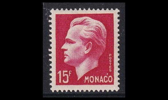 Monaco 424 * Käyttösarja Rainier III 15 Fr karmiini (1950)