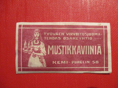 MUSTIKKAVIINIÄ TYÖVÄEN VIRV.JUOMA TEHD. ETIKETTI KEMI (AB4)