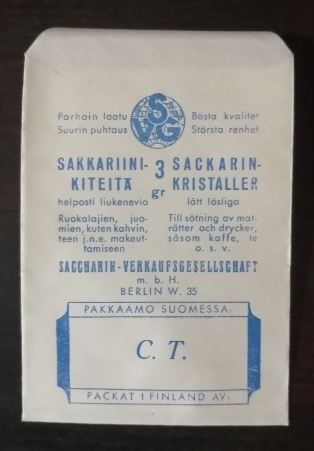 Sakkariinikiteitä paperipussi