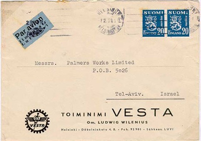 M30 1950 20 mk pari lentokirje Israeliin 7.2.1951