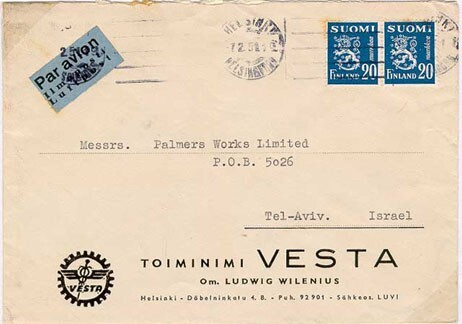 M30 1950 20 mk pari lentokirje Israeliin 7.2.1951