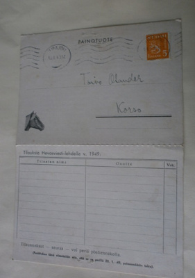 Hevosviesti-lehden tilauskortti v. 1949, p. 1949
