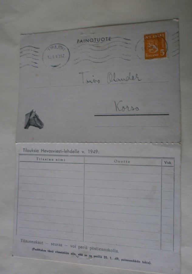 Hevosviesti-lehden tilauskortti v. 1949, p. 1949