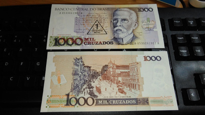 Brasilia Brazil 1 cruzado 1000 cruzados 1989 P216b UNC