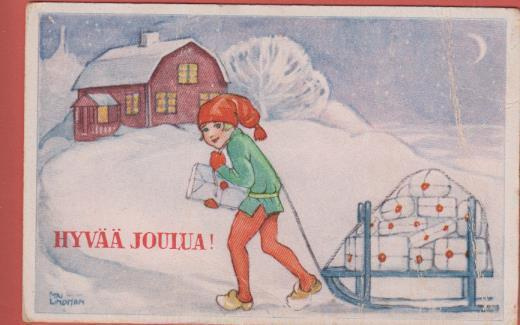 Maj Lindman Tonttu vetää lahjakelkkaa