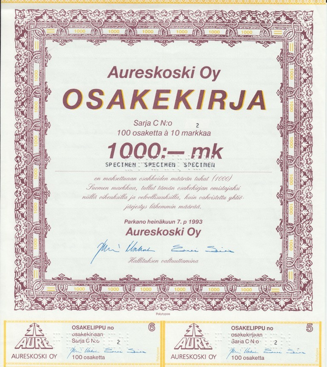 OKK 1993 Aureskoski Oy spec, Parkano osakekirja