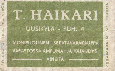 VANHA TT ETIKETTI - T.HAIKARA UUSIKYLÄ PUH.4 (K4-73)