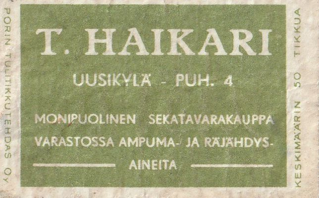 VANHA TT ETIKETTI - T.HAIKARA UUSIKYLÄ PUH.4 (K4-73)