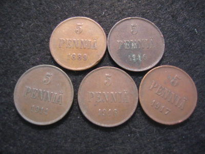 5 kpl 5 penniä - 1889-1917