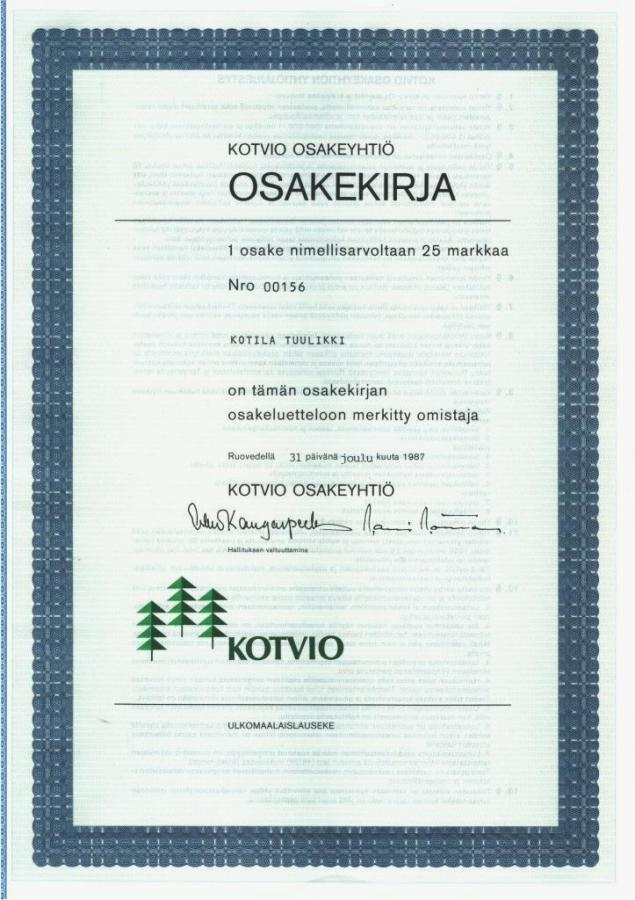 OKK 1987 Kotvio Oy, Ruovesi osakekirja saha