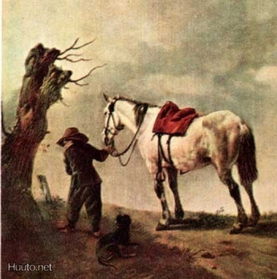 HEVONEN / Kulkuri ja valkea hevonen nummella. 1900-l.