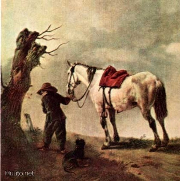 HEVONEN / Kulkuri ja valkea hevonen nummella. 1900-l.