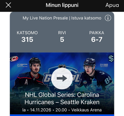 NHL Global Series 14.11. Carolina–Seattle, 2 lippua kats 315