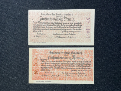 Notgeld der Stadt Flensburg Schleswig & Holstein 1920. 2 kpl