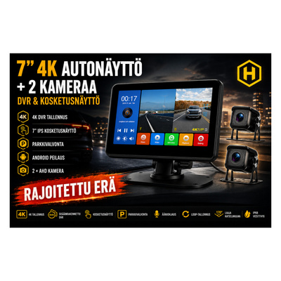 7” 4K autonäyttö + 2 kameraa – DVR & kosketusnäyttö