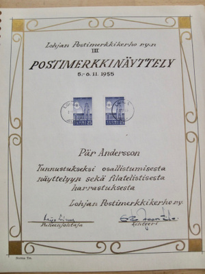 VANHA Diploomi PostimerkkiNäyttely Lohja 1955