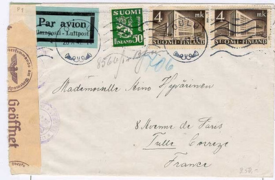 1942 20.10. lentokirje Ranskaan 2x4mk + 50p oikea taksa