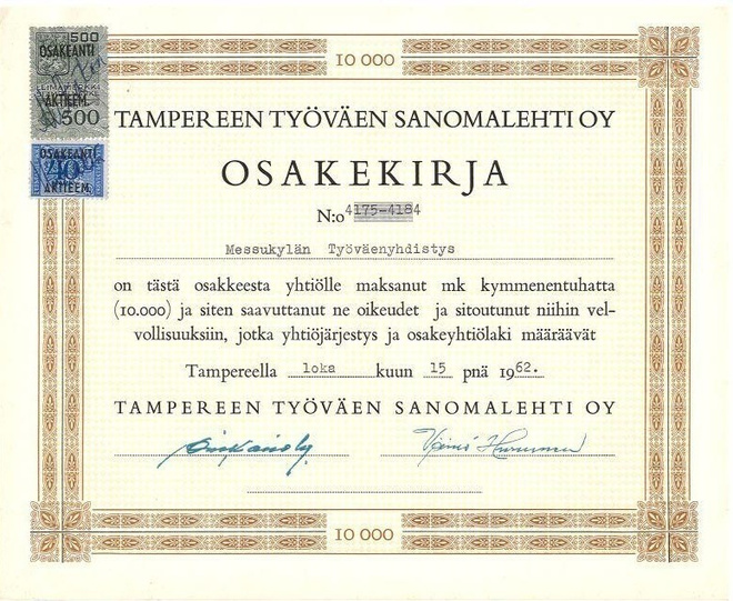 OKK 1962 Tampereen Työväen Sanomalehti Oy, Tampere osakekirj