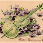 VIULU / Päiväkakkara-kuvioinen viulu ja orvokkeja. 1900-l. - pikkukuva 1