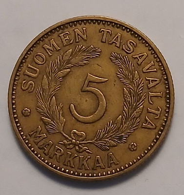 Alumiinipronssi. 5 markka vuodelta 1936.