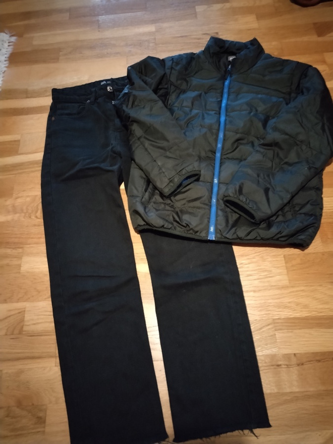FUTURE musta toppatakki koko 160 + ZARA farkut koko 34 !