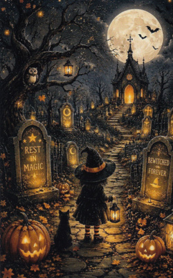 Halloween noitatyttö ja kissa valaistulla polulla