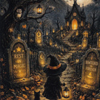Halloween noitatyttö ja kissa valaistulla polulla - pikkukuva 1