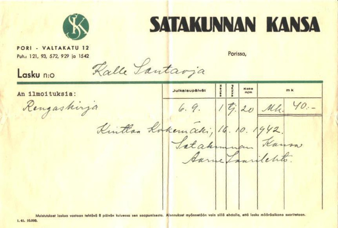 PORI SAKUNNAN KANSA  ILMOITUSLASKU
