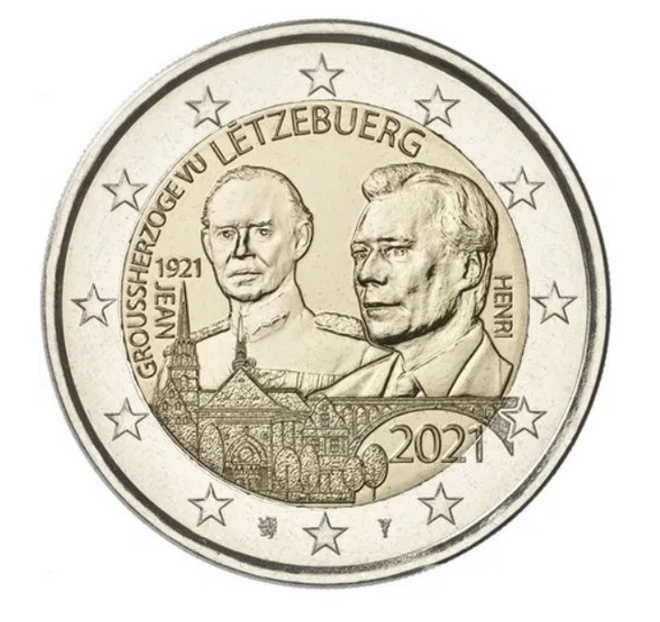 ** LUXEMBURG 2€ 2021 Jean 100 v. relief pillerissä **